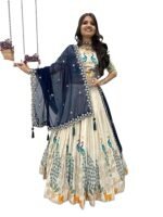 Women's Embroidered Vichitra Silk Lehenga Choli Dupatta Set Semi-Stitched Blouse and Fit & Flare Style