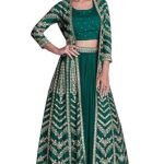 Women's Green Chinon Stitched Top With Stitched Bottom Full Sleeve Embroidered Choli with Jacket (Lehenga Choli With Jacket) (ME-1196)