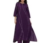 Women Kurta Bottom Set | Cotton Bandhani Asymmetric Round Neck with 3/4th Sleeve Kurta Set for Casual Wear | Purple