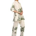 Women's Beige Tropical Palm Print Co-ord Set, Tunic Top with Pants (L)