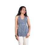 Women's Hand Block Printed Halter Neck Short Kurti |Traditional Indigo Print |Lace-up Back Design