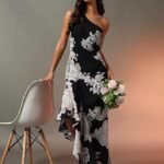 Women's Floral One-Shoulder Cocktail Dress | Asymmetrical Hem with Lining | Adjustable & Removable Pads | Elegant Fit for Party, Wedding & Special Occasions