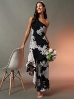 Women's Floral One-Shoulder Cocktail Dress | Asymmetrical Hem with Lining | Adjustable & Removable Pads | Elegant Fit for Party, Wedding & Special Occasions