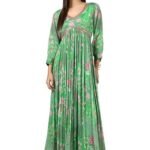 Womens Light Green Chinon Floral Print Dress with Faux Mirror and Sequins