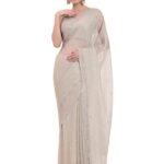 Women's Light Grey Organza Crushed Siroski Work Embellished Border Saree With Unstitched Blouse