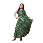Women Elegant Emerald Green Festive Dress with Golden Detailing Viscose Ethnic Evening Gown