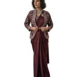 Women's Teal Blue Silk Pre-Draped Saree with Heavily Embroidered Jacket & Waist Belt | Indo-Western Fusion Set for Weddings and Parties