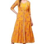 Women's Yellow Solid Cotton Blend A-line Dress and Floral Printed Gilet