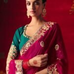 Women's Embroidered Saree with Contrast Blouse, Magenta Pink with Teal Green, Zari Work Border