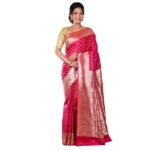 Women's Woven Pure Katan Silk Banarasi Wedding Saree with Blouse Piece (Dark Pink & Golden)