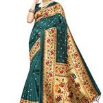 Women's Purple Silk Wedding Party Saree Silk Stylish Pattern Blouse Thread Sari Indian Women, Green