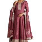 Womens Onion Pink Viscose Blend Embroidered Gown with Zari