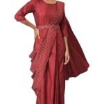 Women Maroon Maxi Insta Saree Dress with Embroidered Belt