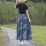 Women Boho Floral Vintage Long Skirt Plus Size with Elastic Waist Side Pockets Printed Casual Holiday Skirt Blue 80cm - Image 2