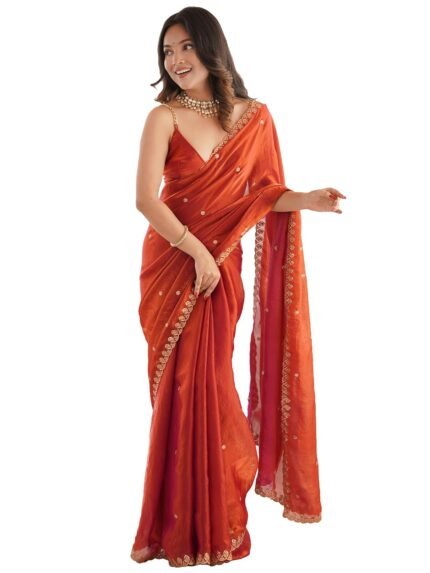 AKHILAM Women's Paper Silk Embroidered Saree With Unstitched Blouse Piece
