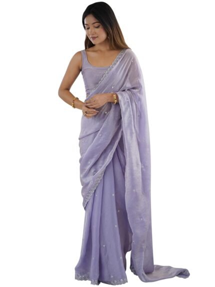 AKHILAM Women's Paper Silk Embroidered Saree With Unstitched Blouse Piece