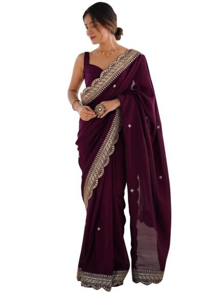 AKHILAM Women's Vichitra Silk Embellished Saree With Unstitched Blouse Piece (RADHA5001_RX_Parent)