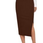 ALYNE Women's Elastic Waist Pencil Bodycon Midi Skirt - High Waisted with Side Slit Below Knee Length Elegance for Women