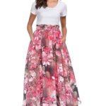 Women High Waist Floral Print Swing Chiffon Beach Midi Long Skirt with Pockets