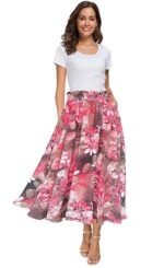 Women High Waist Floral Print Swing Chiffon Beach Midi Long Skirt with Pockets - Image 2