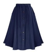 Womens Stretchy High Waist 5-Buttons Front A-Line Flowy Midi Skirts (Dark Blue, X-Large)