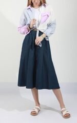 Womens Stretchy High Waist 5-Buttons Front A-Line Flowy Midi Skirts (Dark Blue, X-Large) - Image 2