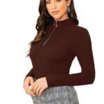 Dream Beauty Fashion Women's Half Zip Mock Neck Long Sleeve Slim Fit Casual Tee Top, 23" inches (Thar-01-P)