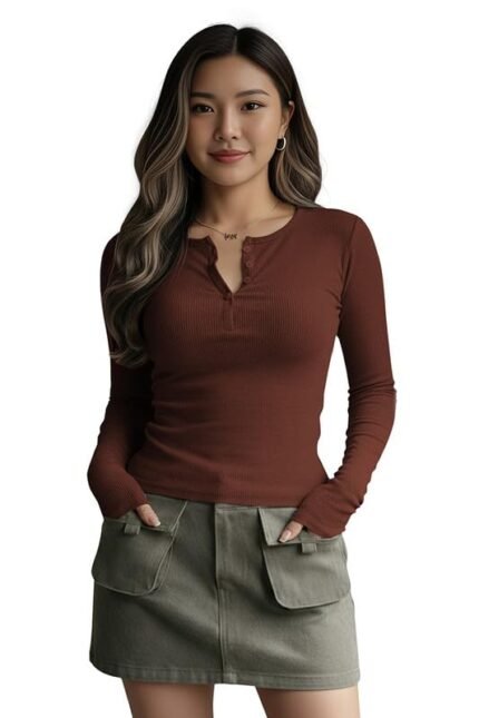 Dream Beauty Fashion Women's Long Sleeve Slim Fit Top/T-Shirt Henley Neck Casual (BZF-Top-Saiyaara-1)