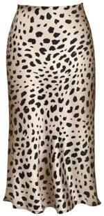 Womens Leopard Print Skirt Midi Long Length Silk Satin High Waist Elastic Skirts
