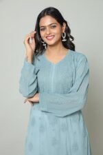 Women Viscose Chikankari Hand Embroidery Kurta Kurti (Grey,38) - Image 2