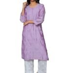 Women Lucknowi Chikankari Chanderi Kurta Kurti(Purple)