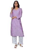 Women Lucknowi Chikankari Chanderi Kurta Kurti(Purple)