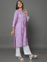 Women Lucknowi Chikankari Chanderi Kurta Kurti(Purple) - Image 2