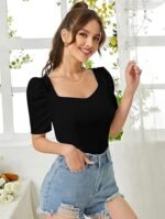 Women's Sweet Heart Neck Balloon/Puff Bishop Sleeve Elegant Casual Tee Top, 23" inches (BZF-Top Mantos-01) - Image 2