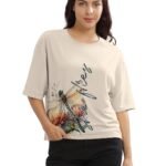 HELLCAT Beige Printed Loose Fit Crew-Neck Crop T-Shirt for Women