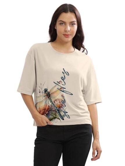 HELLCAT Beige Printed Loose Fit Crew-Neck Crop T-Shirt for Women