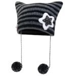 Winter Cap for Women, Cat Beanie, Striped Knit Hat for Teens and Young Women, Soft and Warm Hats, Perfect, Outdoor Adventures and Travel Black