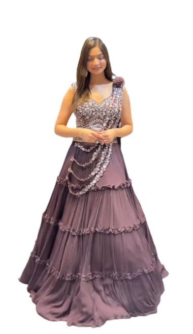 infabzon Womens Chinon Silk Lehenga Choli Readymade Dark Wine Free Size