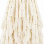 Women's Tulle Skirt Formal High Low Asymmetrical Midi Tea-Length Elastic Waist Tutu Skirts, Beige-sequin, Medium-Large