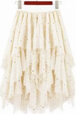 Women's Tulle Skirt Formal High Low Asymmetrical Midi Tea-Length Elastic Waist Tutu Skirts, Beige-sequin, Medium-Large