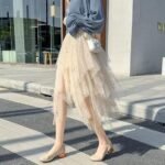 Women's Tulle Skirt Formal High Low Asymmetrical Midi Tea-Length Elastic Waist Tutu Skirts, Beige-sequin, Medium-Large - Image 2
