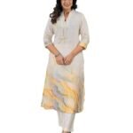 Womens Linen Blend Printed Kurti with Front Pleats and Comfortable Straight Fit