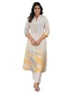 Womens Linen Blend Printed Kurti with Front Pleats and Comfortable Straight Fit