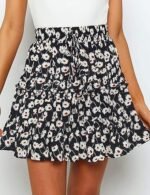 Women's Floral Flared Short Skirt Polka Dot Pleated Mini Skater Skirt with Drawstring - Image 2