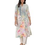 Womens Linen Blend Floral Printed Straight Kurti with V-Neck and Three-Quarter Sleeves