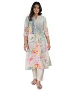 Womens Linen Blend Floral Printed Straight Kurti with V-Neck and Three-Quarter Sleeves