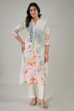 Womens Linen Blend Floral Printed Straight Kurti with V-Neck and Three-Quarter Sleeves - Image 2