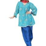 Women's Turquoise Embroidered Kurti with Bell Sleeves, V-Neck, Floral Design