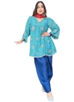 Women's Turquoise Embroidered Kurti with Bell Sleeves, V-Neck, Floral Design