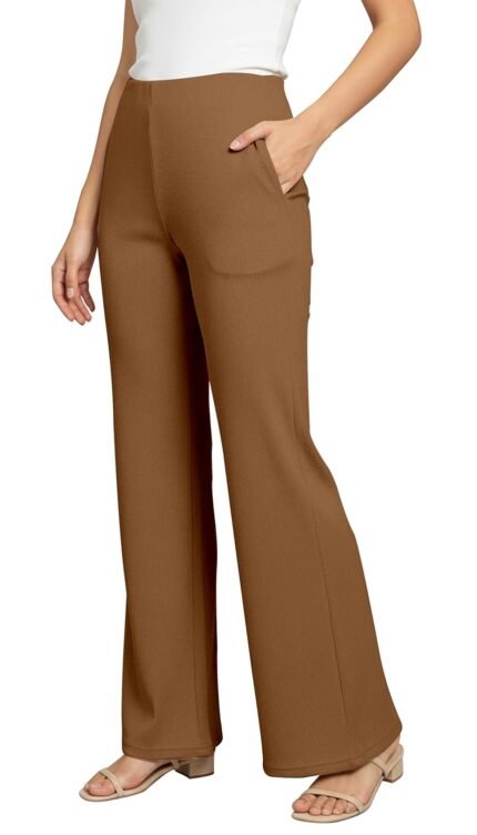 Mehrang High Waisted Wide Leg Ribbed Knit Trousers with Pockets | Casual and Stretchy Pants | for Women
